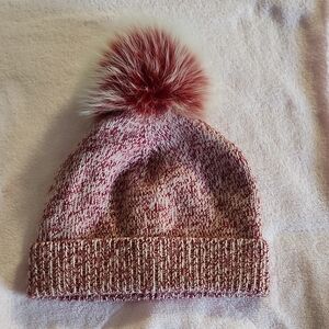 Sofia Cashmere Red & Cream Marled Cashmere Beanie with Fur Pom